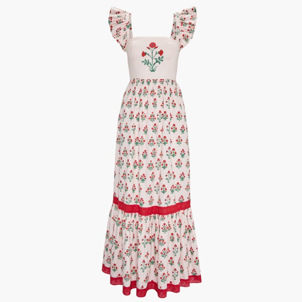 Hill House White Floral Maxi Dress with Red and Green Accents